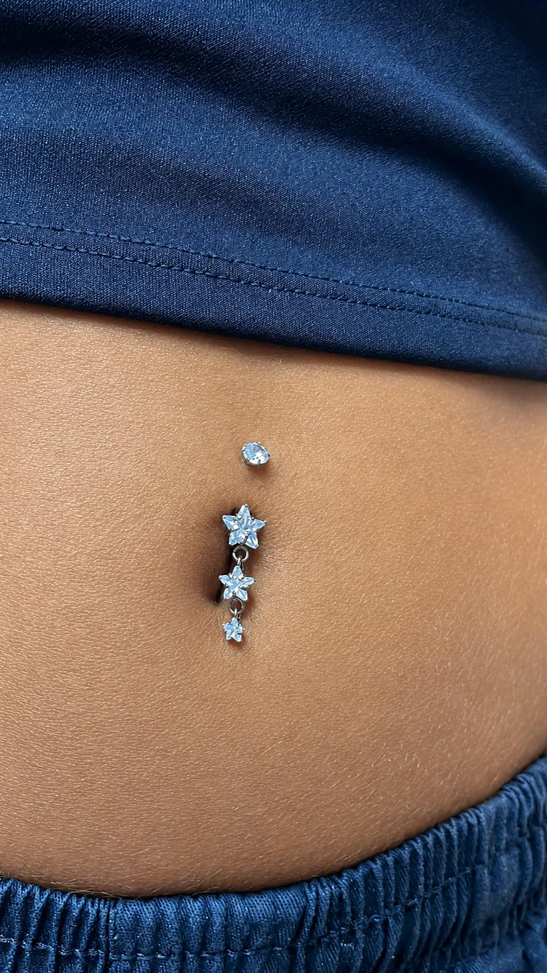 Piercing de umbigo com joia de estrelas