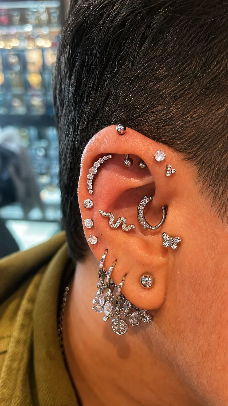 Composição auricular com várias argolas e joias na cartilagem