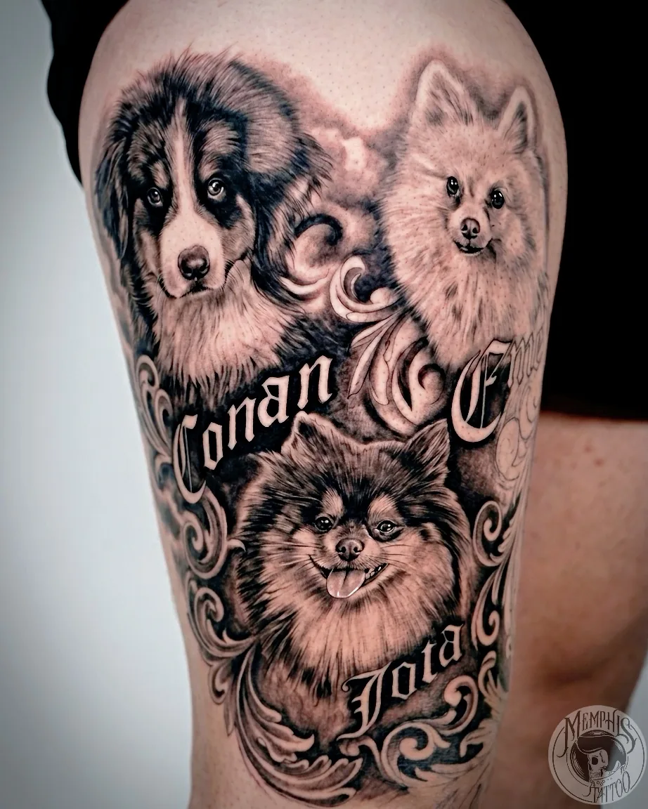 Braço com retratos de três cachorros em realismo e lettering