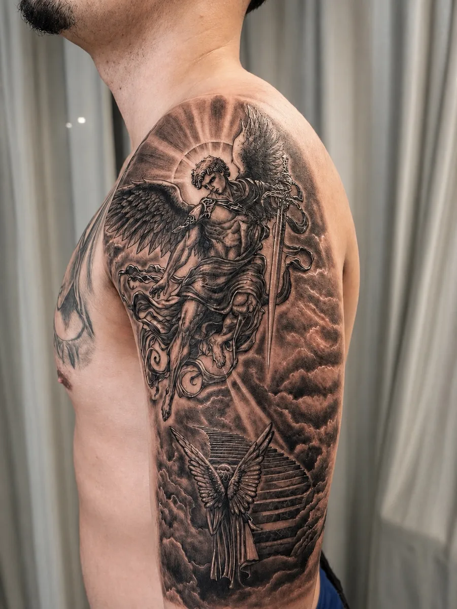 Tatuagem de anjo em realismo preto e cinza feita na Memphis